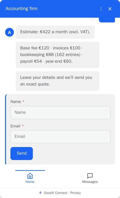 The chat computes a price estimate from the visitor’s answers and shows the breakdown before the contact form