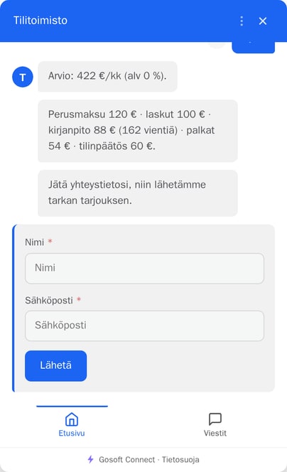 Chat laskee hinta-arvion kävijän vastauksista ja näyttää erittelyn ennen yhteystietolomaketta