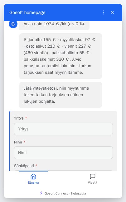 Chatten räknar ut en prisuppskattning ur besökarens svar och visar specifikationen före kontaktformuläret