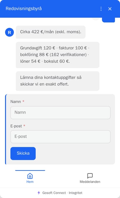 Chatten räknar ut en prisuppskattning ur besökarens svar och visar specifikationen före kontaktformuläret