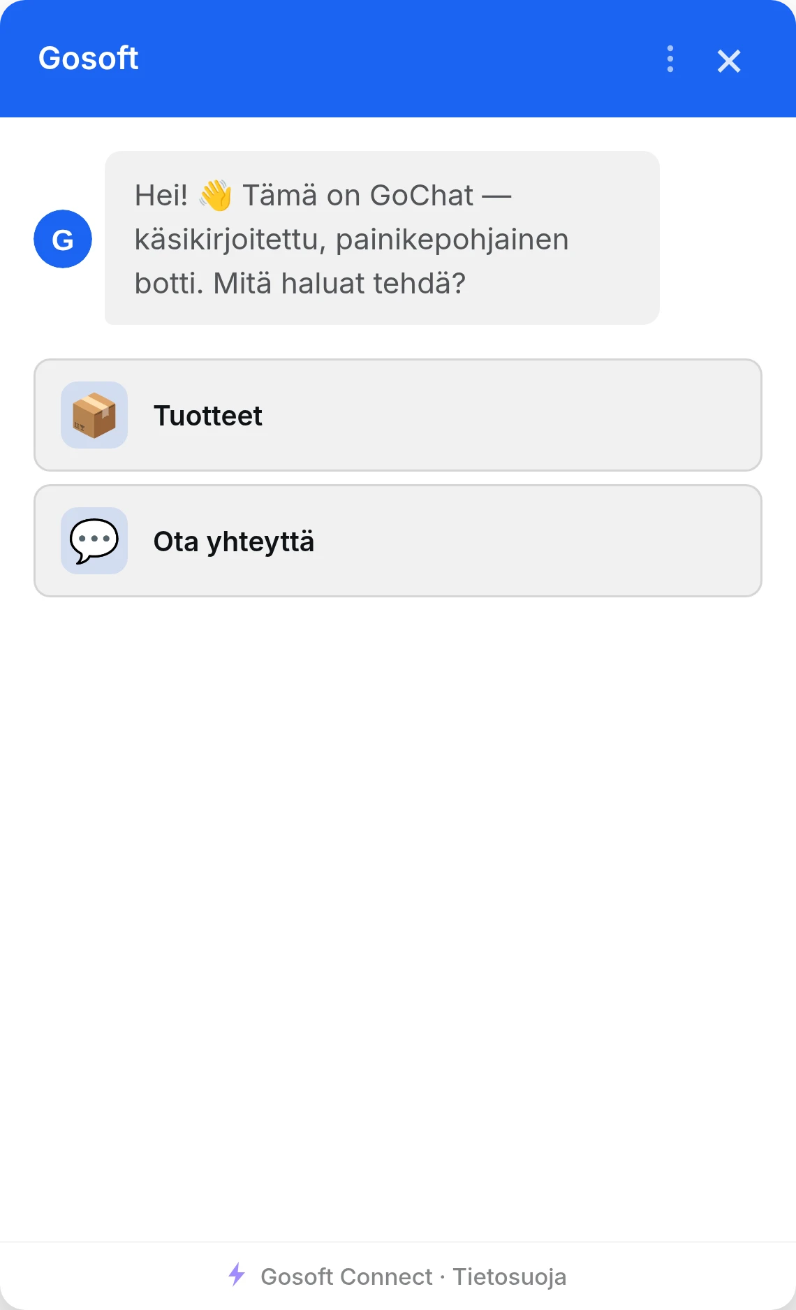 GoChat — GoChat AI+:n sääntöpohjainen sisar — ei tekoälyä, täysin ennakoitava
