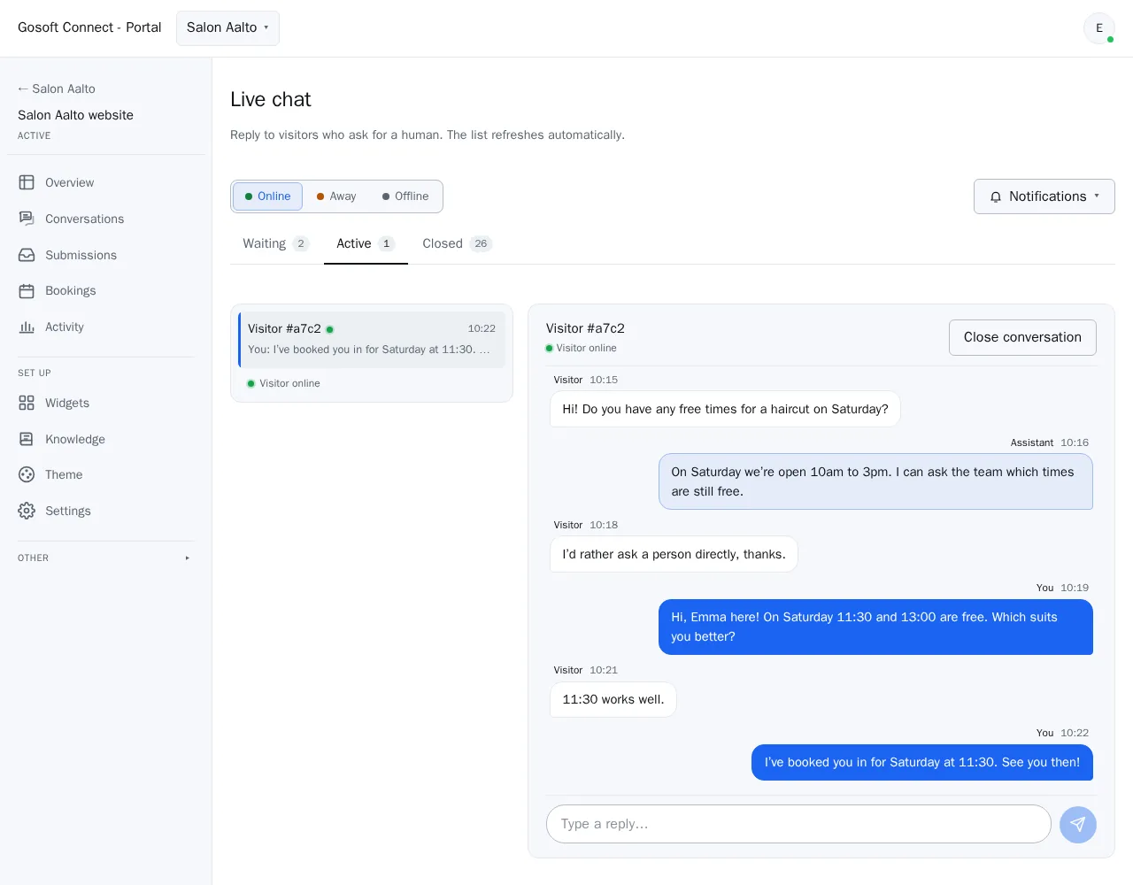 Live chat in the portal: an open conversation where the AI answers first and the team takes over, and the reply box